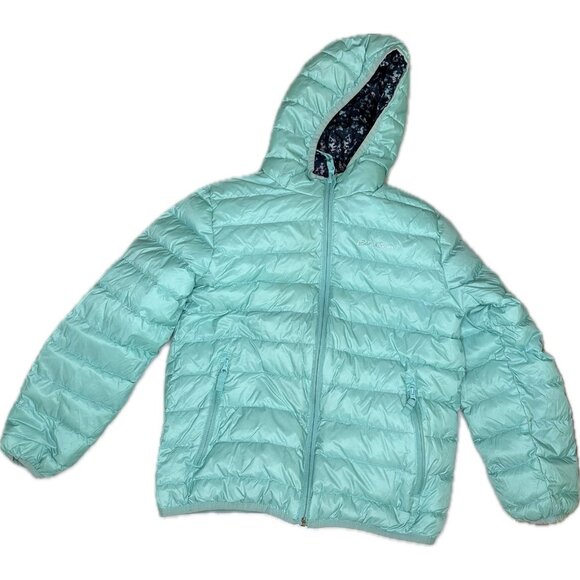Eddie Bauer Girls Reversible Hooded Down Jacket (Aqua/Navy Print, M 10/12) - Picture 2 of 10